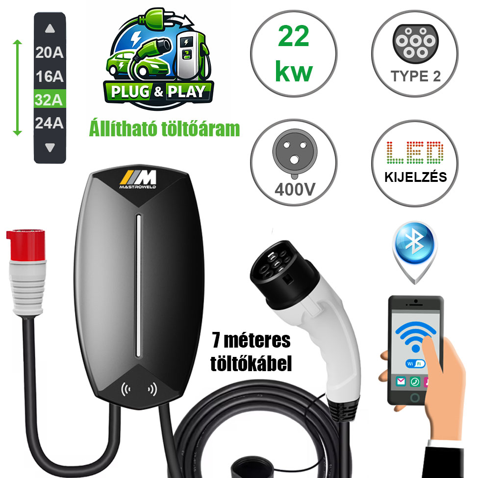 Mastroweld EVoCHARGE fali elektromos autó töltő, 22 kW, 7 m termék fő termékképe